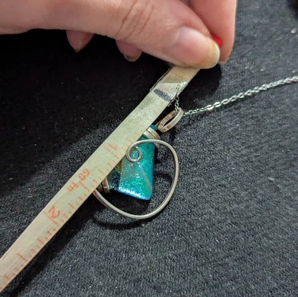 Handcrafted Sterling Silver Blue Black Iridescent Dichroic Glass Pendant Necklac - Picture 4 of 4